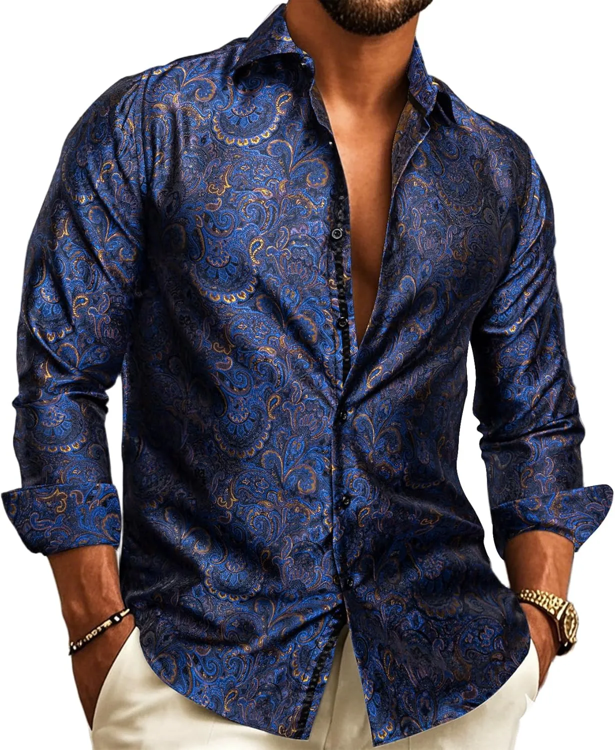 Barry.Wang Mens Western Shirts Silk Paisley Long Sleeve Button Down Dress Shirt Designer Mexico Cowboy Shirt Party Casual