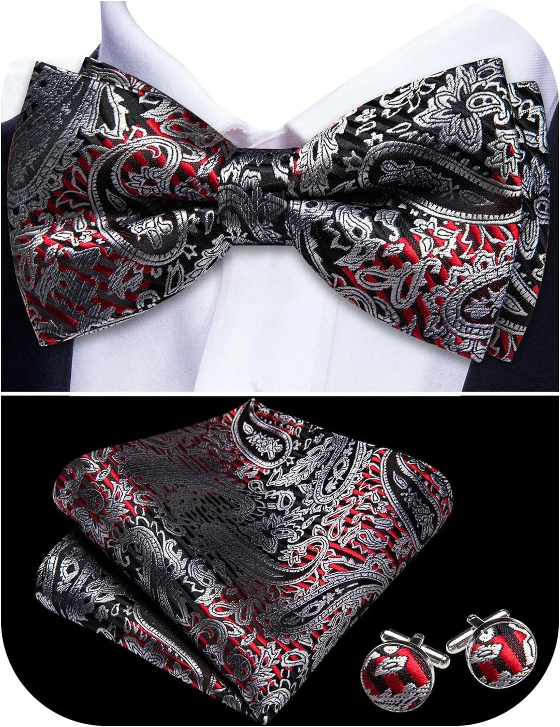 Barry.Wang Paisley Striped Bow Tie for Men Silk Pre-Tied Bowtie Pocket Square Cufflinks Set Formal Wedding Party Prom