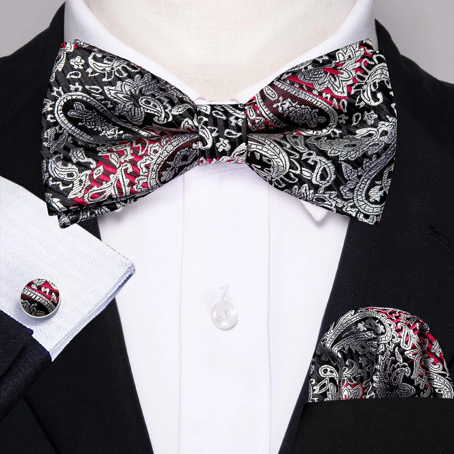 Barry.Wang Paisley Striped Bow Tie for Men Silk Pre-Tied Bowtie Pocket Square Cufflinks Set Formal Wedding Party Prom