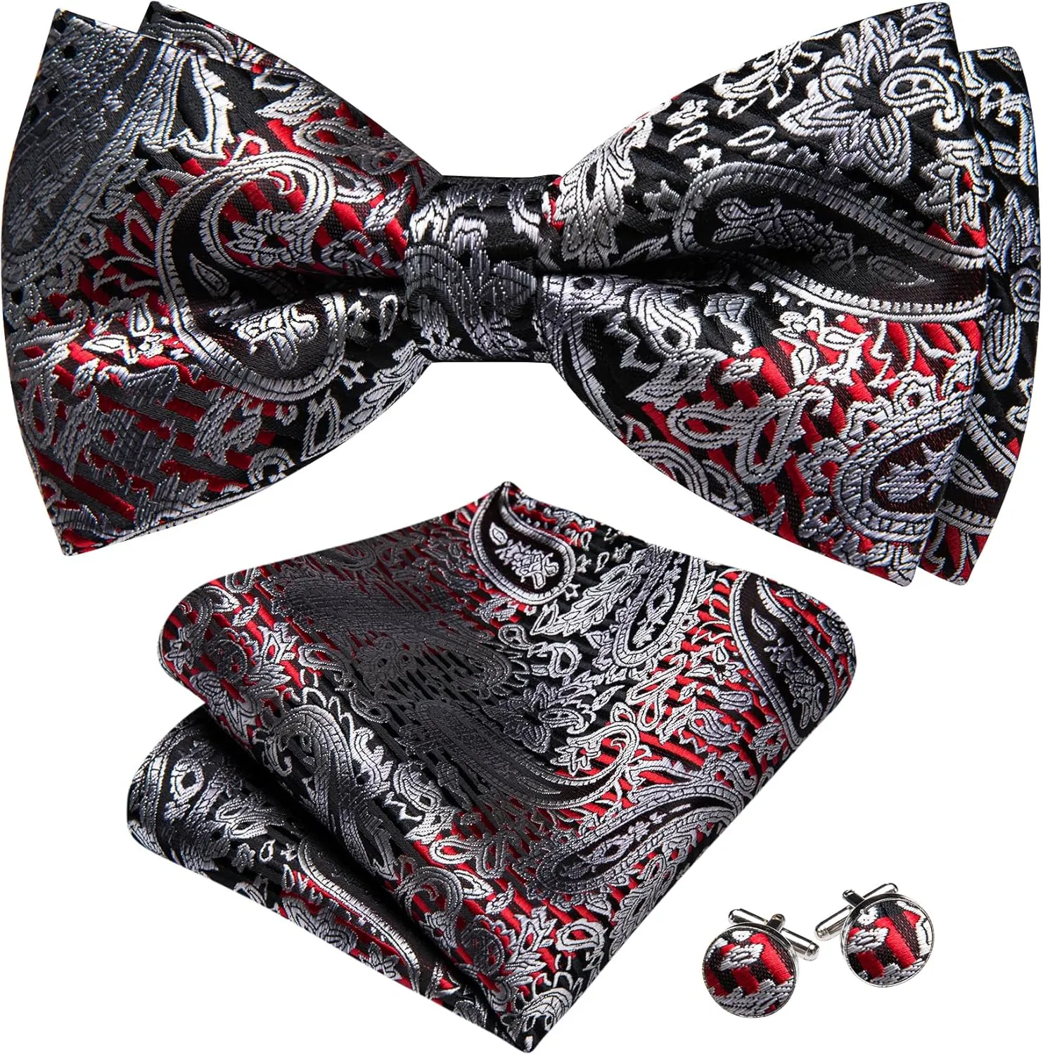 Barry.Wang Paisley Striped Bow Tie for Men Silk Pre-Tied Bowtie Pocket Square Cufflinks Set Formal Wedding Party Prom