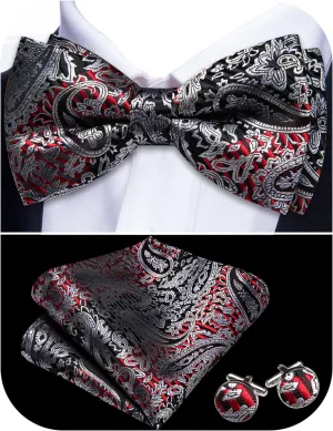 Barry.Wang Paisley Striped Bow Tie for Men Silk Pre-Tied Bowtie Pocket Square Cufflinks Set Formal Wedding Party Prom