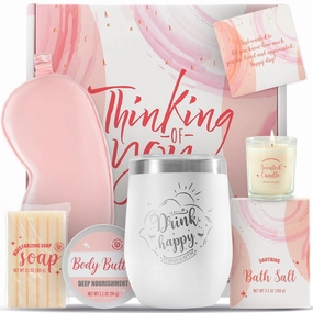 Bath & Body Rose Spa Set - 8 Pcs Gift for Women, Self Care Kit Includes Wine Tumbler, Sleep Eye Mask & More