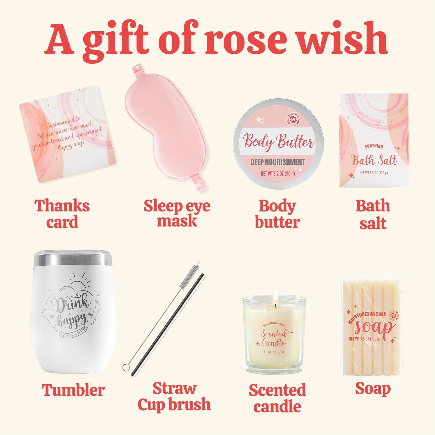 Bath & Body Rose Spa Set - 8 Pcs Gift for Women, Self Care Kit Includes Wine Tumbler, Sleep Eye Mask & More