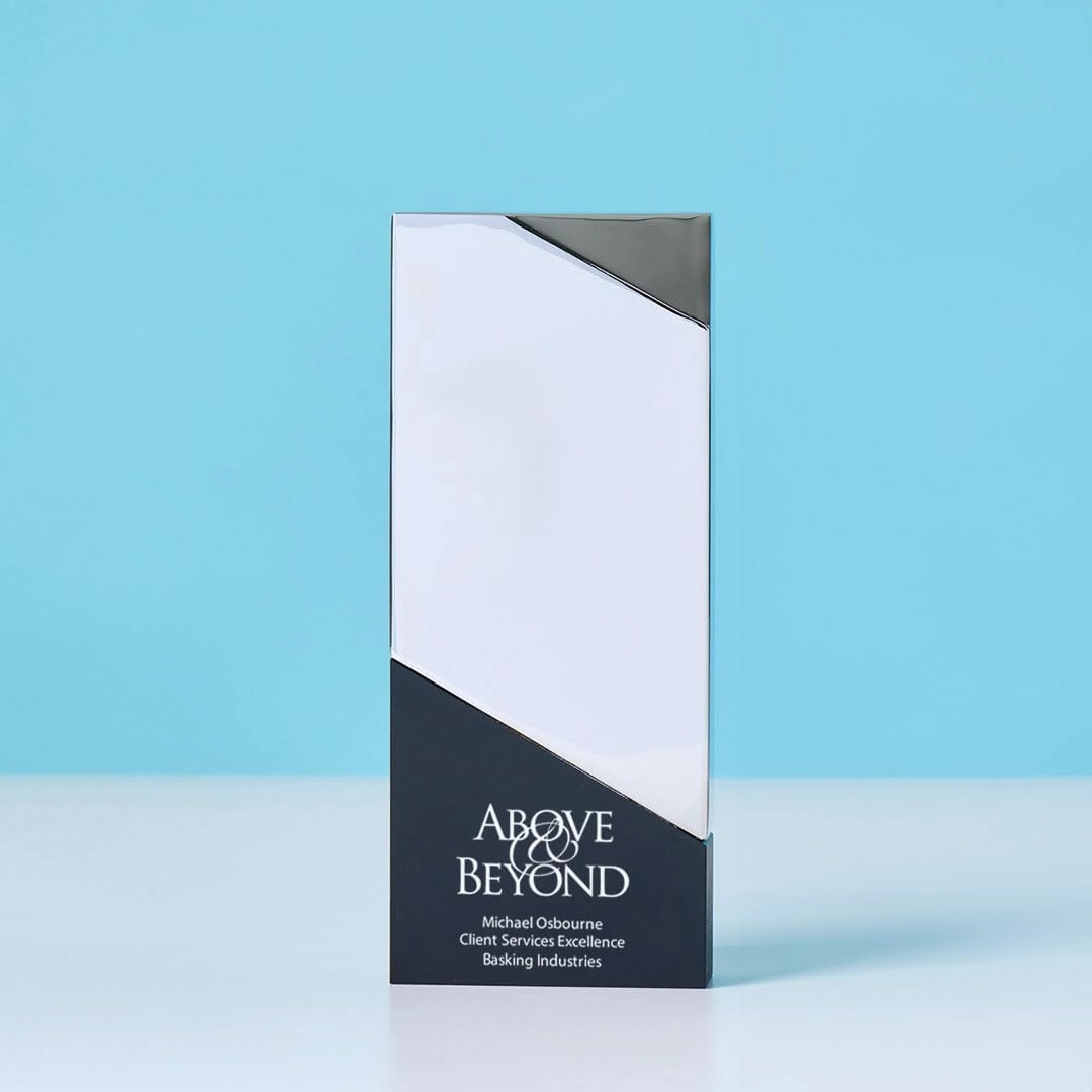 Baudville Reflective Silver Mirror Metal Trophy - Personalized Imprinted Up to Three Lines and Pre-Written Verse Selection - Comes in Gift Box
