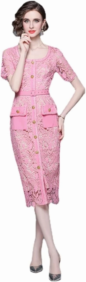 Beaded Stitching lace Single Breasted lace-up Bag Buttock Dress (XL,X-Large) Pink