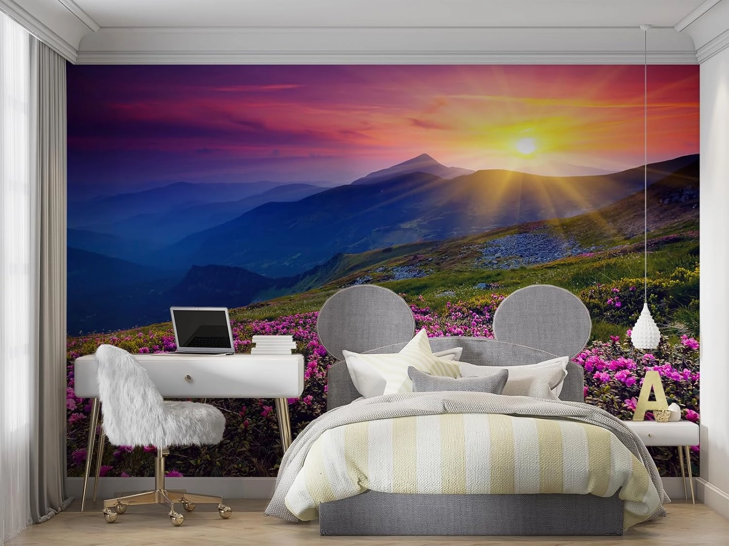 Beautiful Pink Flower Field Wall Murals Alpine Land scape At Dusk and Sunset Art 3D Wall Mural 3D Wall Photo Mural Fill Wall Holes High Resolution for Office Hotel Apartment - 78.7"W x 55.2"H