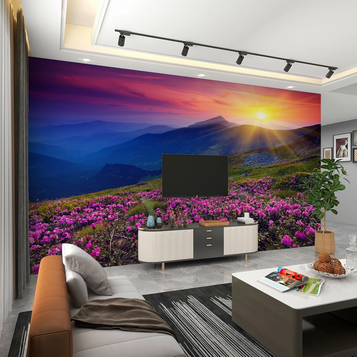 Beautiful Pink Flower Field Wall Murals Alpine Land scape At Dusk and Sunset Art 3D Wall Mural 3D Wall Photo Mural Fill Wall Holes High Resolution for Office Hotel Apartment - 78.7"W x 55.2"H