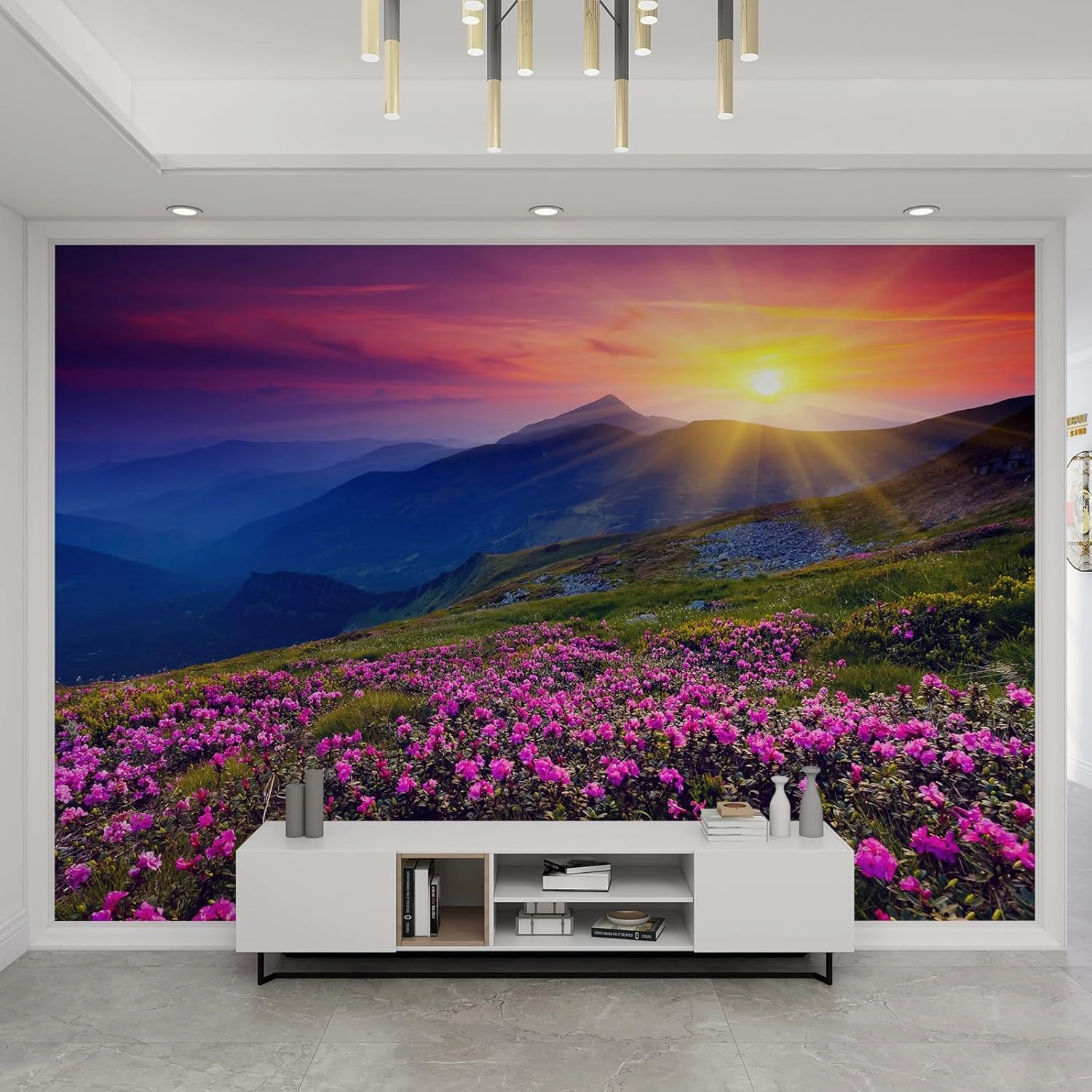 Beautiful Pink Flower Field Wall Murals Alpine Land scape At Dusk and Sunset Art 3D Wall Mural 3D Wall Photo Mural Fill Wall Holes High Resolution for Office Hotel Apartment - 78.7"W x 55.2"H