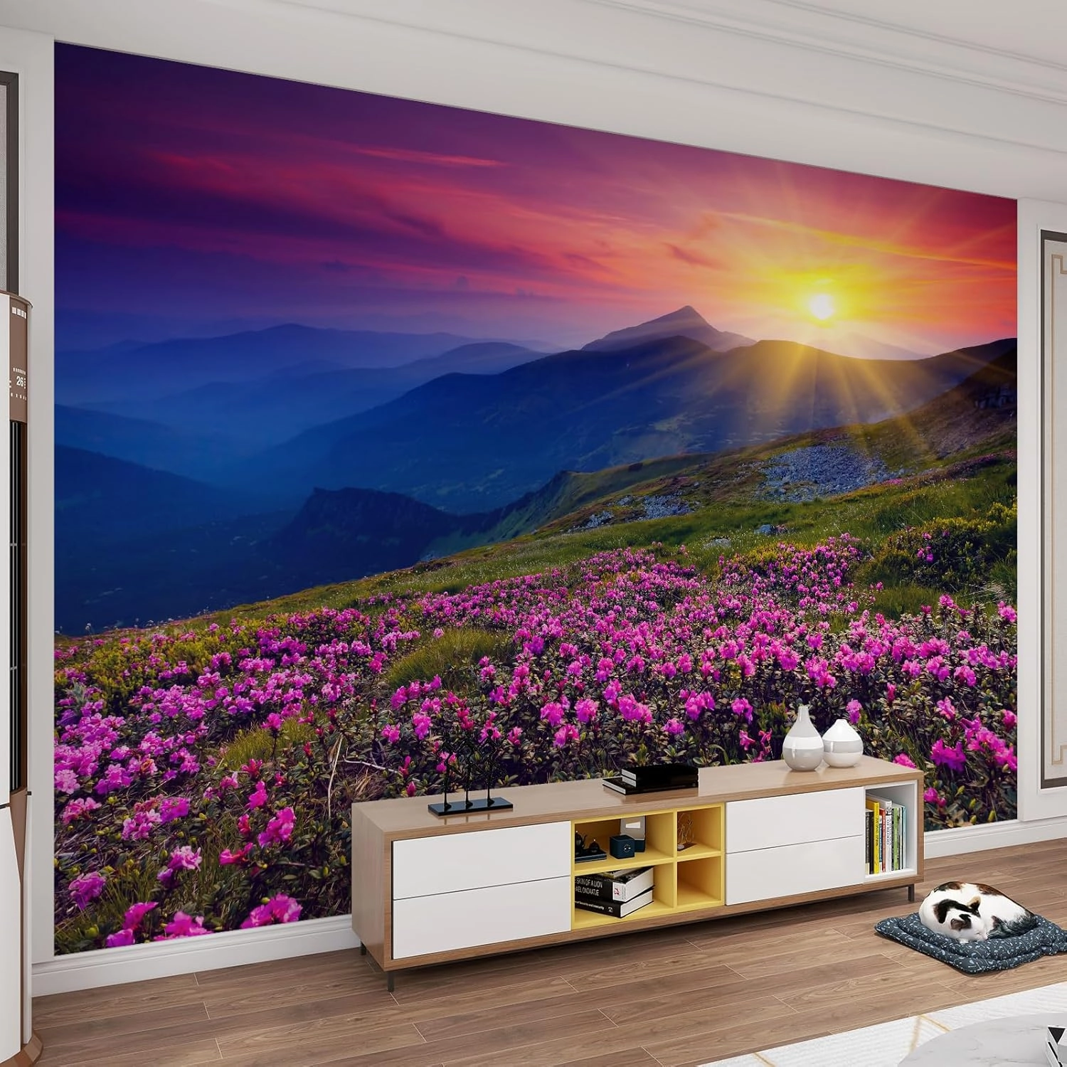 Beautiful Pink Flower Field Wall Murals Alpine Land scape At Dusk and Sunset Art 3D Wall Mural 3D Wall Photo Mural Fill Wall Holes High Resolution for Office Hotel Apartment - 78.7"W x 55.2"H