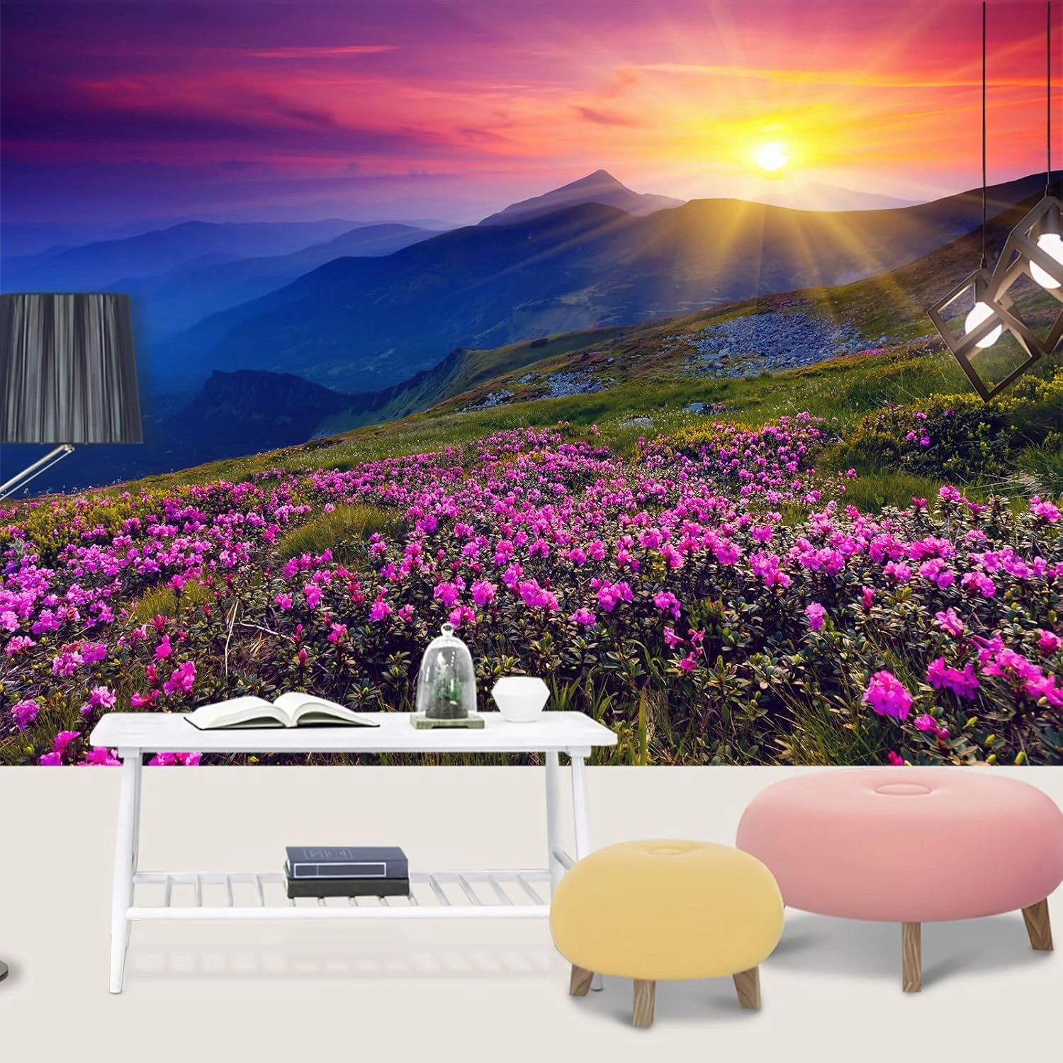 Beautiful Pink Flower Field Wall Murals Alpine Land scape At Dusk and Sunset Art 3D Wall Mural 3D Wall Photo Mural Fill Wall Holes High Resolution for Office Hotel Apartment - 78.7"W x 55.2"H