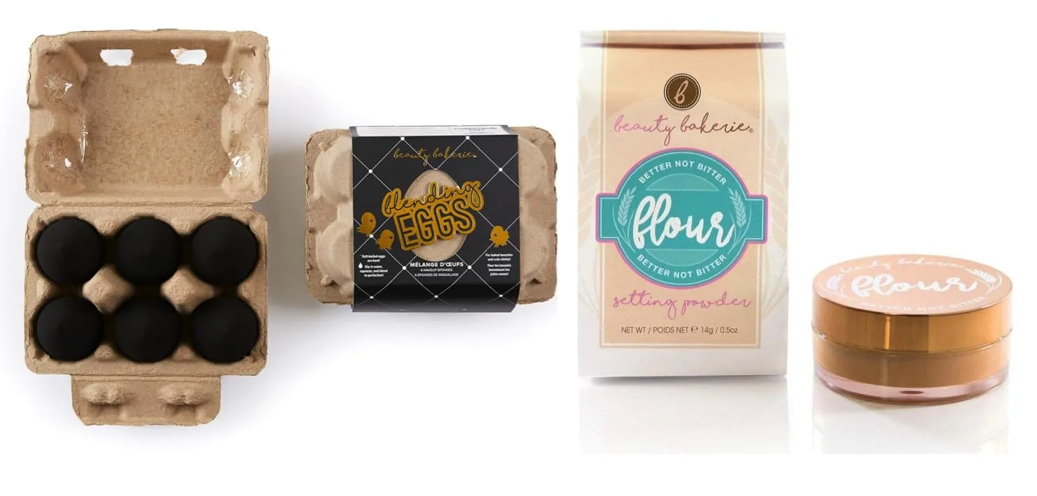 Beauty Bakerie Flour Setting Powder for Foundation, 0.5oz, Almond (Chestnut)   Blending Egg Beauty Sponge Cosmetic Face Blender Sponge Applicator, 6 Pack Set, Black Egg-cellence, 2 Pack Bundle
