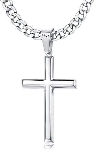 Besteel 925 Sterling Silver Cross Necklace Beveled Edge for Men Women 5mm Stainless Steel Diamond Cut Durable Cuban Link Curb Chain Crucifix Pendant Necklace Jewelry 16-30 Inches