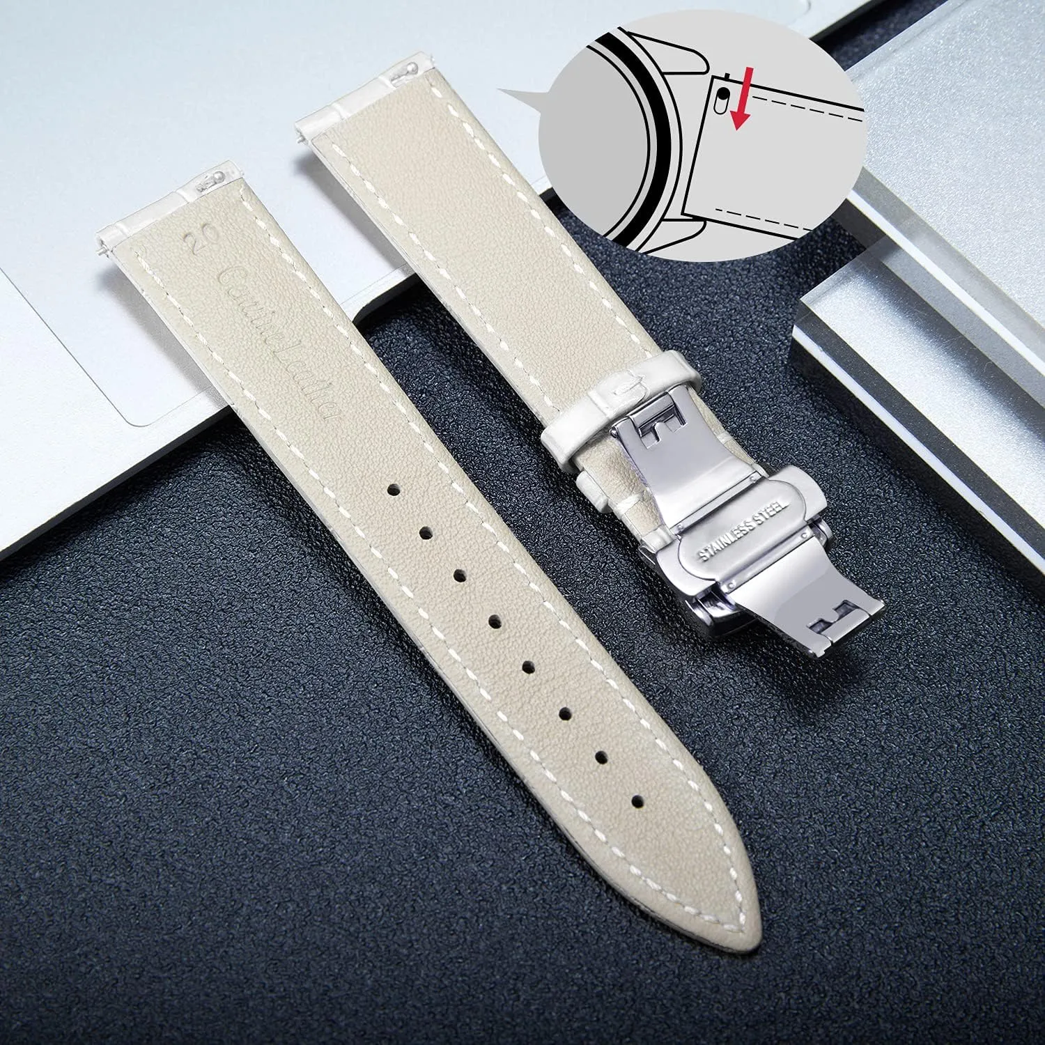 BINLUN Leather Watch Strap Quick Release Strap with Silver Butterfly Deployment Buckle 12mm 13mm 14mm 15mm 16mm 17mm 18mm 19mm 20mm 21mm 22mm 23mm 24mm Watch Band for Men Women