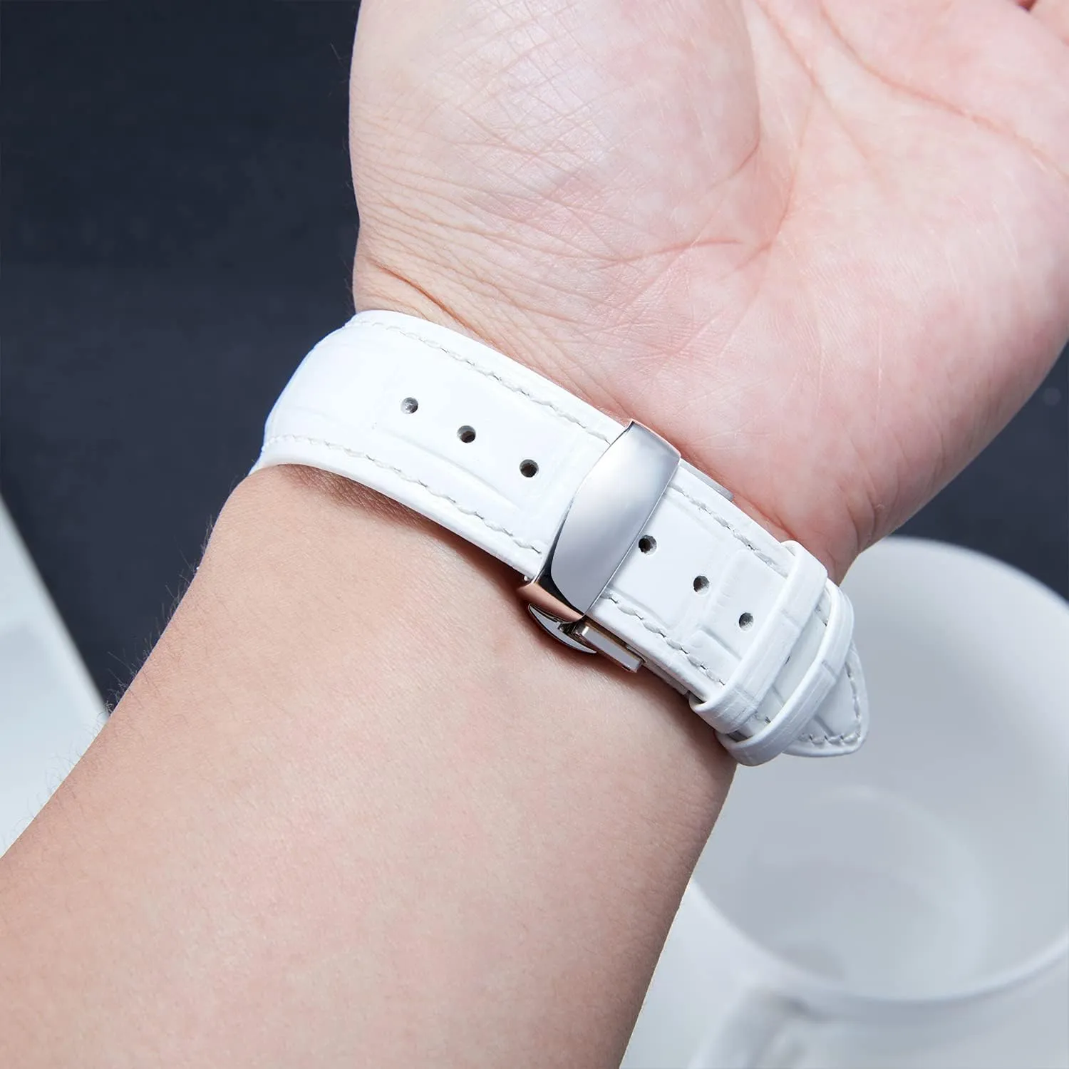 BINLUN Leather Watch Strap Quick Release Strap with Silver Butterfly Deployment Buckle 12mm 13mm 14mm 15mm 16mm 17mm 18mm 19mm 20mm 21mm 22mm 23mm 24mm Watch Band for Men Women
