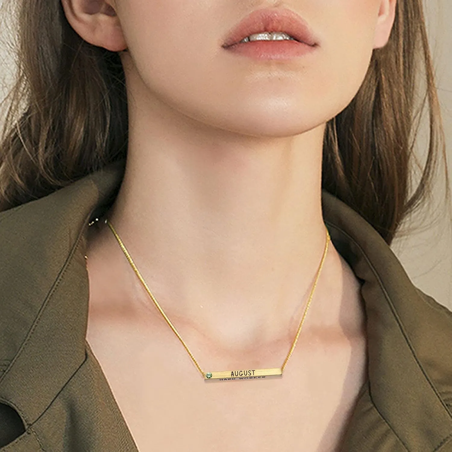 Birth Month Necklace with Birthstone 4 Sided Horizontal Bar Pendant Charm Chain Necklace for Women Girl 16 2 Inches
