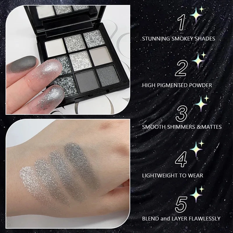 Black Smoky Eye Shadow Palette 9 Color,Dark Grey Smokey Eyeshadow for Goth Makeup,Pigmented & Long Lasting Shimmer Cosmetic