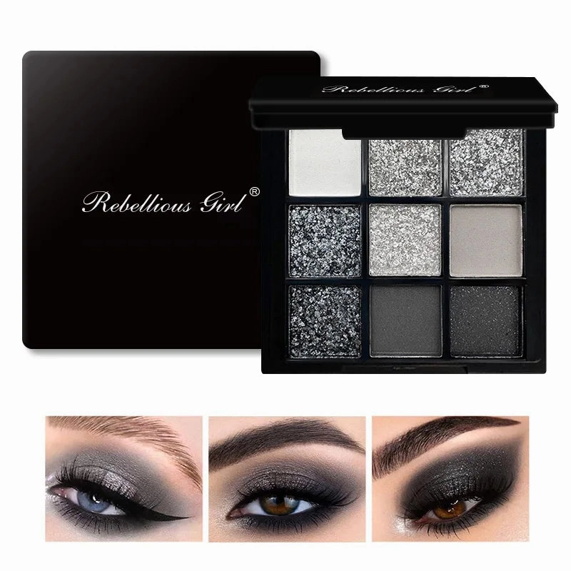 Black Smoky Eye Shadow Palette 9 Color,Dark Grey Smokey Eyeshadow for Goth Makeup,Pigmented & Long Lasting Shimmer Cosmetic