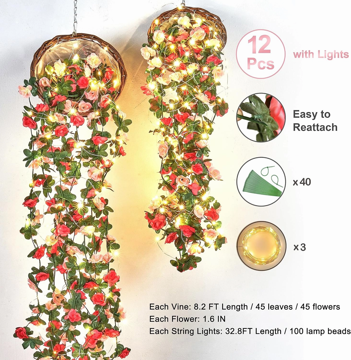 BLEUM CADE 12Pcs 98.4Ft Flower Garland Artificial Rose Vines with 98.4Ft String Lights, Cute Fake Hanging Flower Vines Floral Garland Decorations for Wedding Party Wall Room Decor Aesthetic