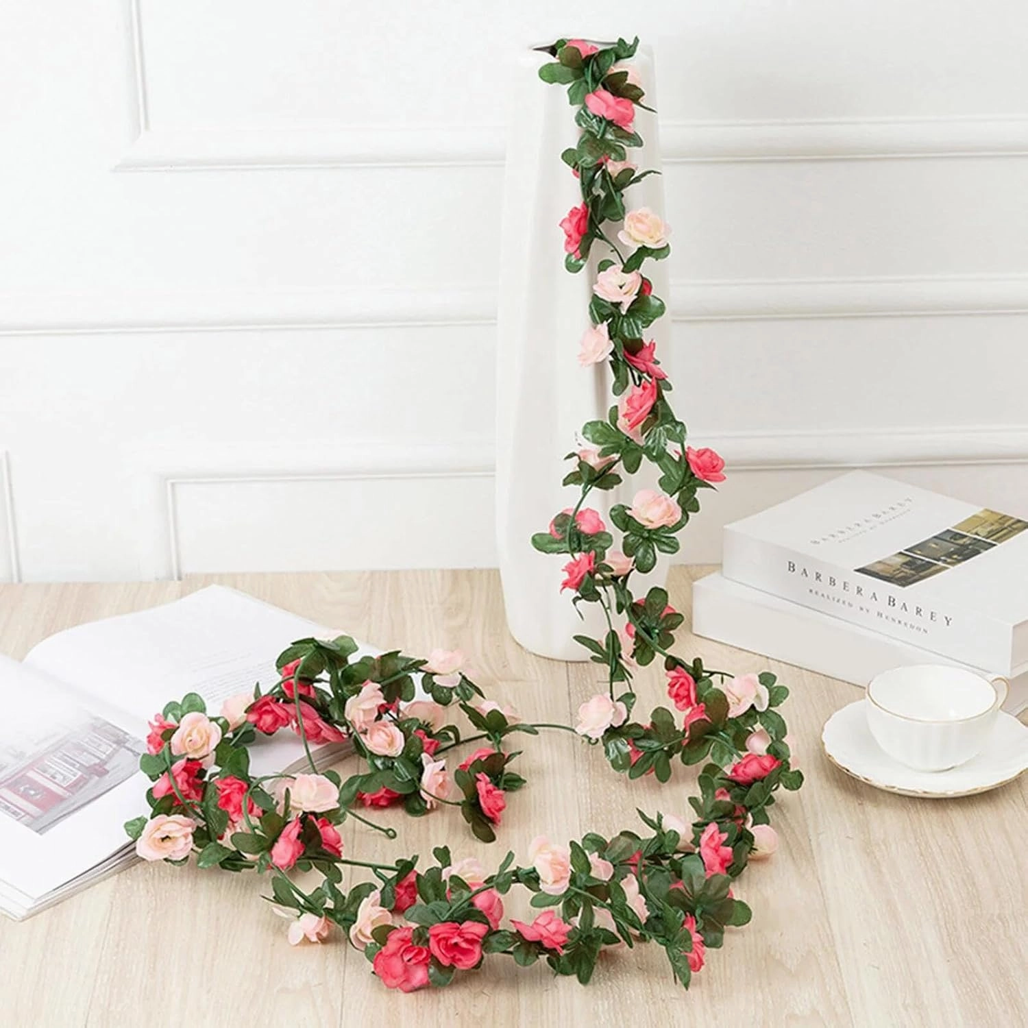 BLEUM CADE 12Pcs 98.4Ft Flower Garland Artificial Rose Vines with 98.4Ft String Lights, Cute Fake Hanging Flower Vines Floral Garland Decorations for Wedding Party Wall Room Decor Aesthetic