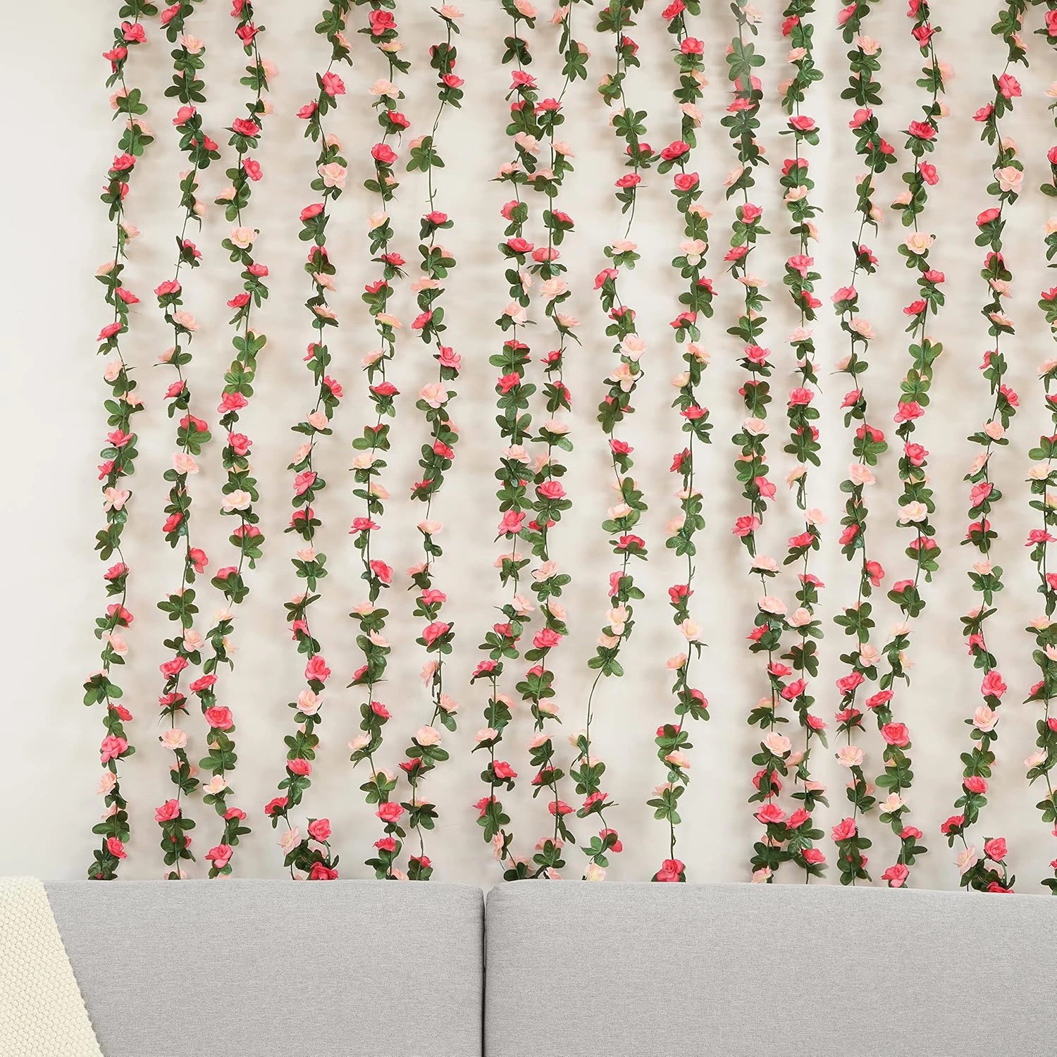 BLEUM CADE 12Pcs 98.4Ft Flower Garland Artificial Rose Vines with 98.4Ft String Lights, Cute Fake Hanging Flower Vines Floral Garland Decorations for Wedding Party Wall Room Decor Aesthetic