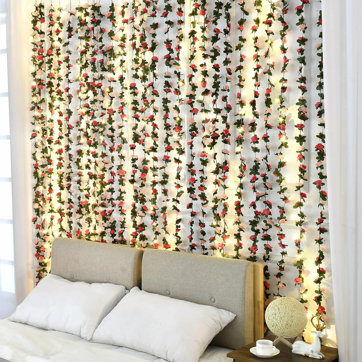 BLEUM CADE 12Pcs 98.4Ft Flower Garland Artificial Rose Vines with 98.4Ft String Lights, Cute Fake Hanging Flower Vines Floral Garland Decorations for Wedding Party Wall Room Decor Aesthetic