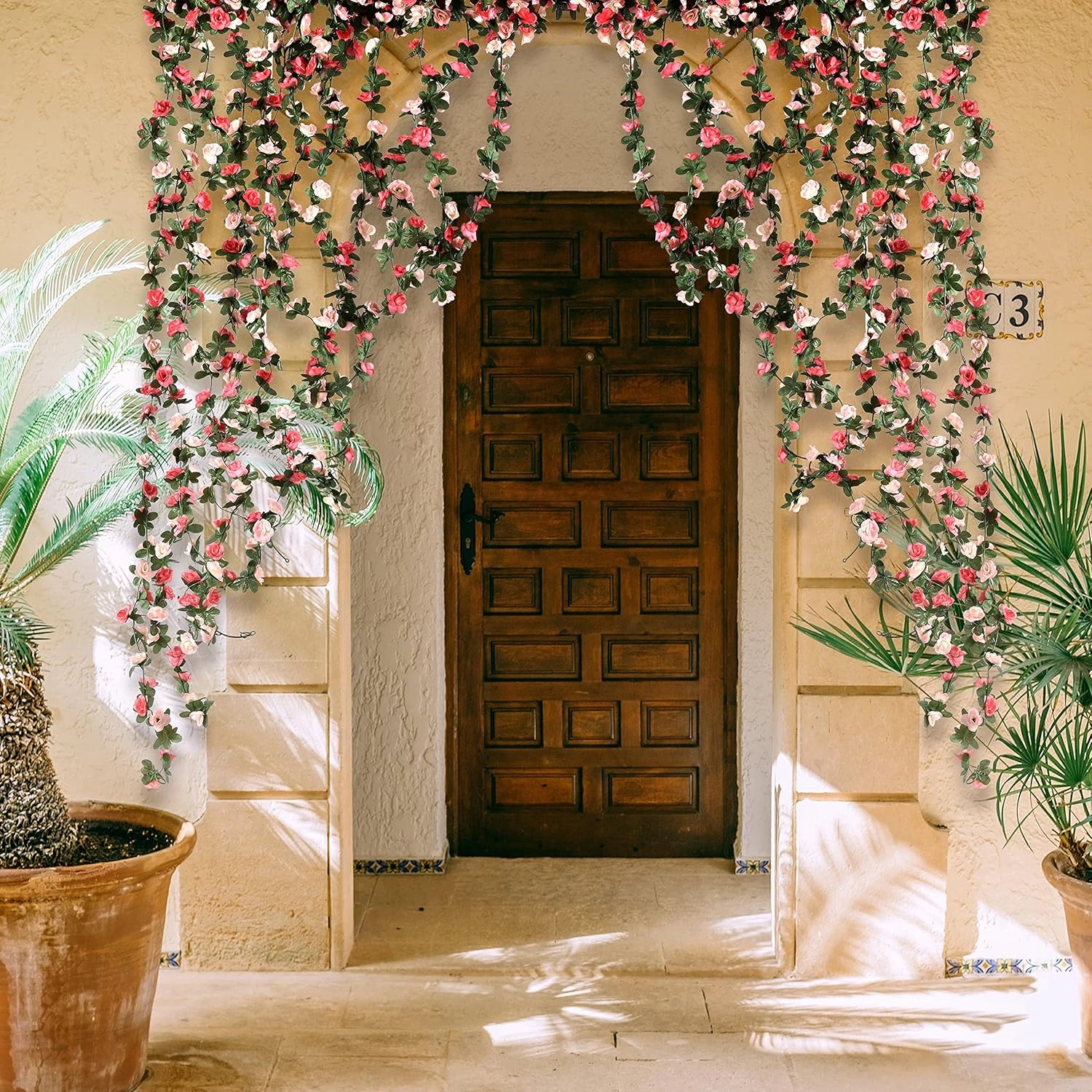 BLEUM CADE 12Pcs 98.4Ft Flower Garland Artificial Rose Vines with 98.4Ft String Lights, Cute Fake Hanging Flower Vines Floral Garland Decorations for Wedding Party Wall Room Decor Aesthetic
