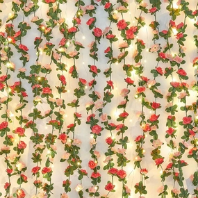 BLEUM CADE 12Pcs 98.4Ft Flower Garland Artificial Rose Vines with 98.4Ft String Lights, Cute Fake Hanging Flower Vines Floral Garland Decorations for Wedding Party Wall Room Decor Aesthetic