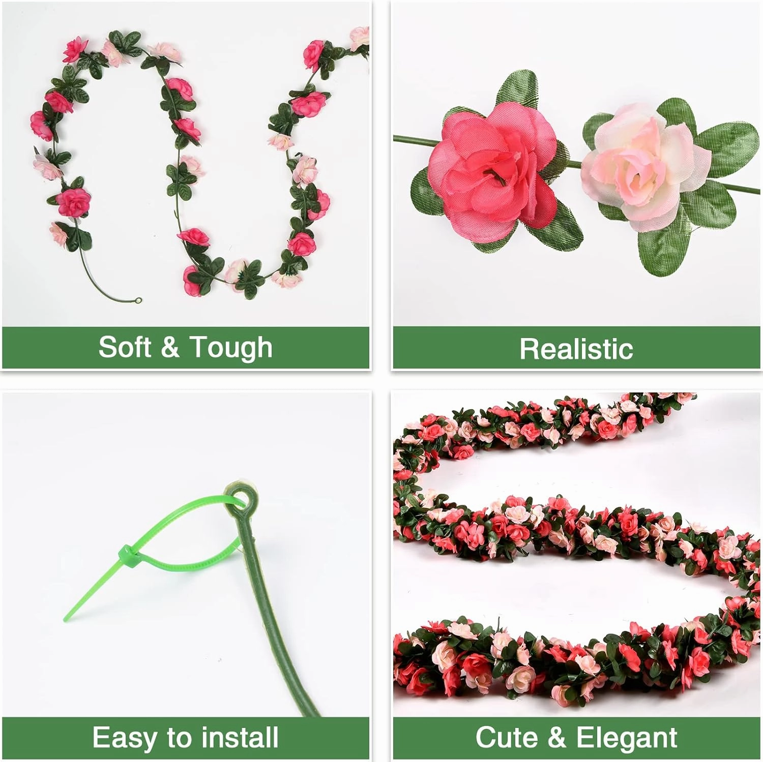 BLEUM CADE 12Pcs 98.4Ft Flower Garland Artificial Rose Vines with 98.4Ft String Lights, Cute Fake Hanging Flower Vines Floral Garland Decorations for Wedding Party Wall Room Decor Aesthetic