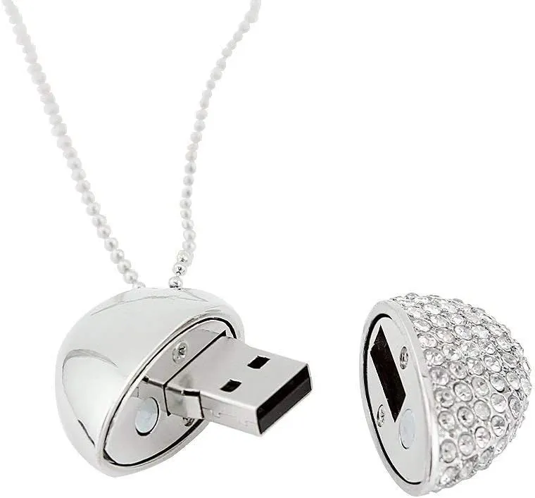 Bling Shiny Diamond Crystal Heart Shape 32GB USB 2.0 Flash Drive Jewelry Pendant Necklace Thumb Drive Memory Stick Pendrive Silver