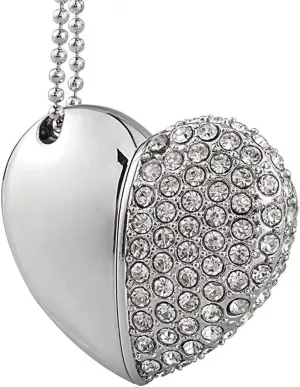 Bling Shiny Diamond Crystal Heart Shape 32GB USB 2.0 Flash Drive Jewelry Pendant Necklace Thumb Drive Memory Stick Pendrive Silver