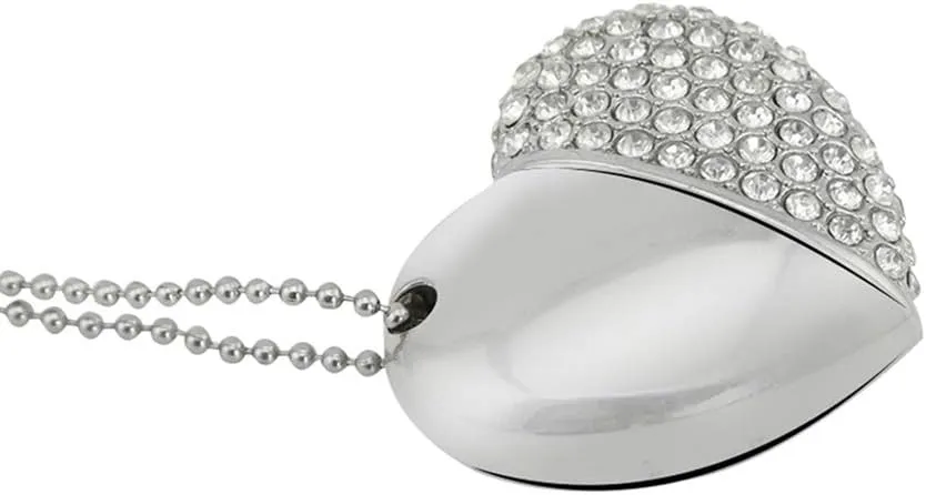 Bling Shiny Diamond Crystal Heart Shape 32GB USB 2.0 Flash Drive Jewelry Pendant Necklace Thumb Drive Memory Stick Pendrive Silver