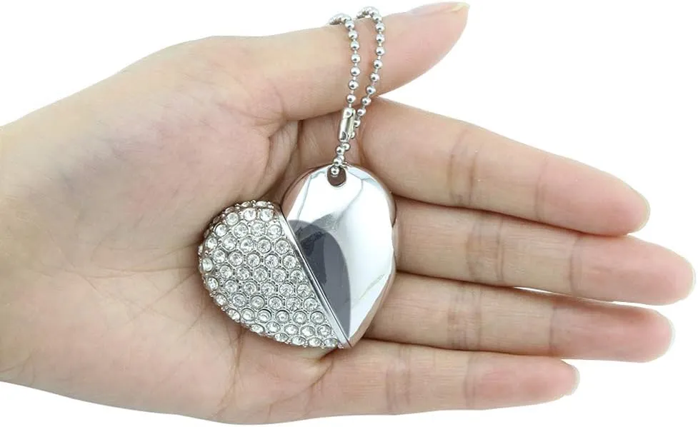 Bling Shiny Diamond Crystal Heart Shape 32GB USB 2.0 Flash Drive Jewelry Pendant Necklace Thumb Drive Memory Stick Pendrive Silver