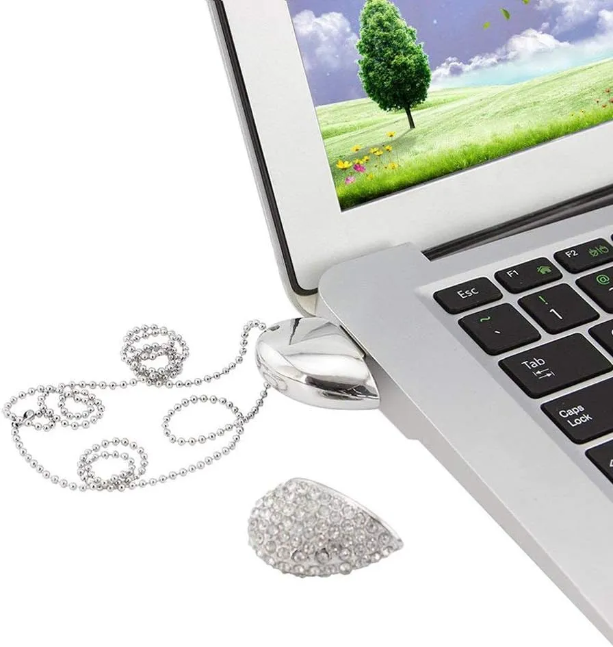 Bling Shiny Diamond Crystal Heart Shape 32GB USB 2.0 Flash Drive Jewelry Pendant Necklace Thumb Drive Memory Stick Pendrive Silver