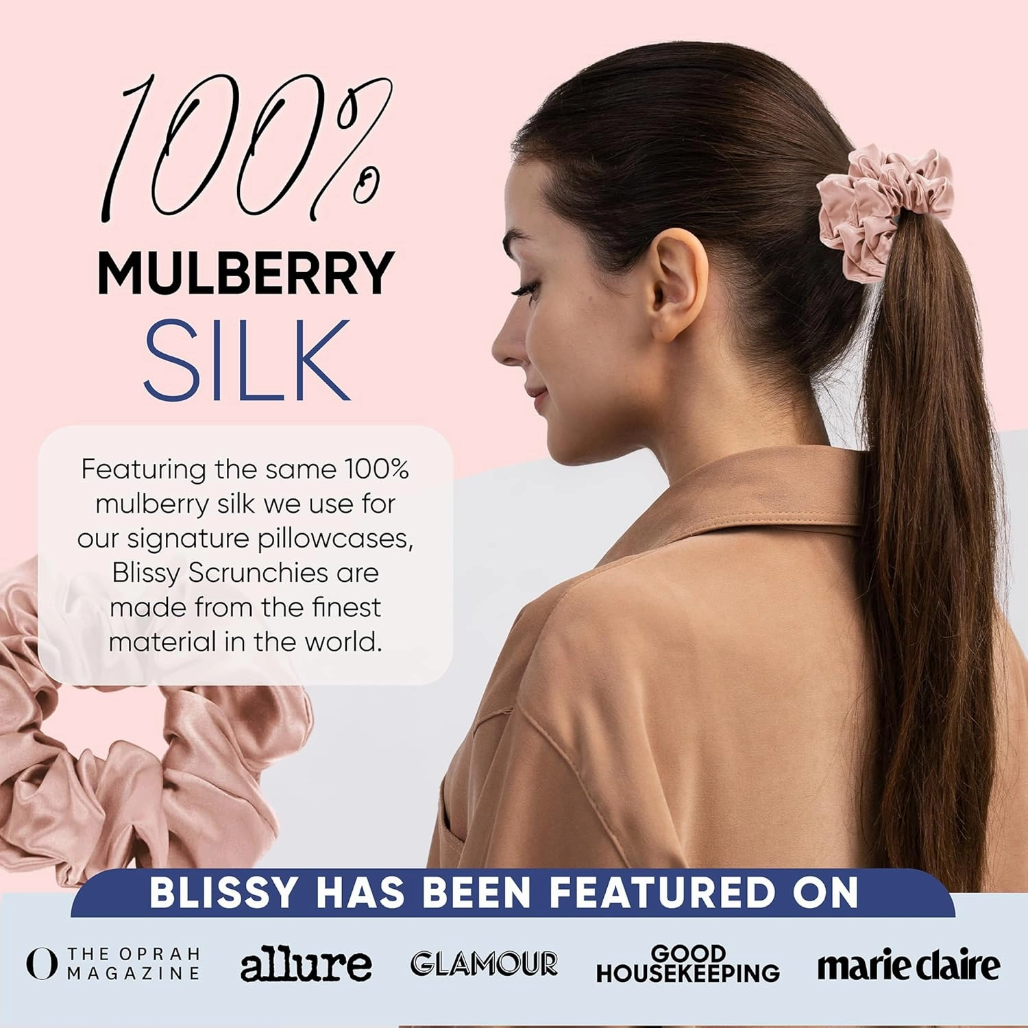 Blissy Silk Scrunchies (3 Pack) - 100% Pure Mulberry Silk - 22 Momme 6A High-Grade Fibers - Silk Scrunchie for Straight & Curly Hair - Preventing Breakage, Tangling, & Creasing (Pink Skinny)