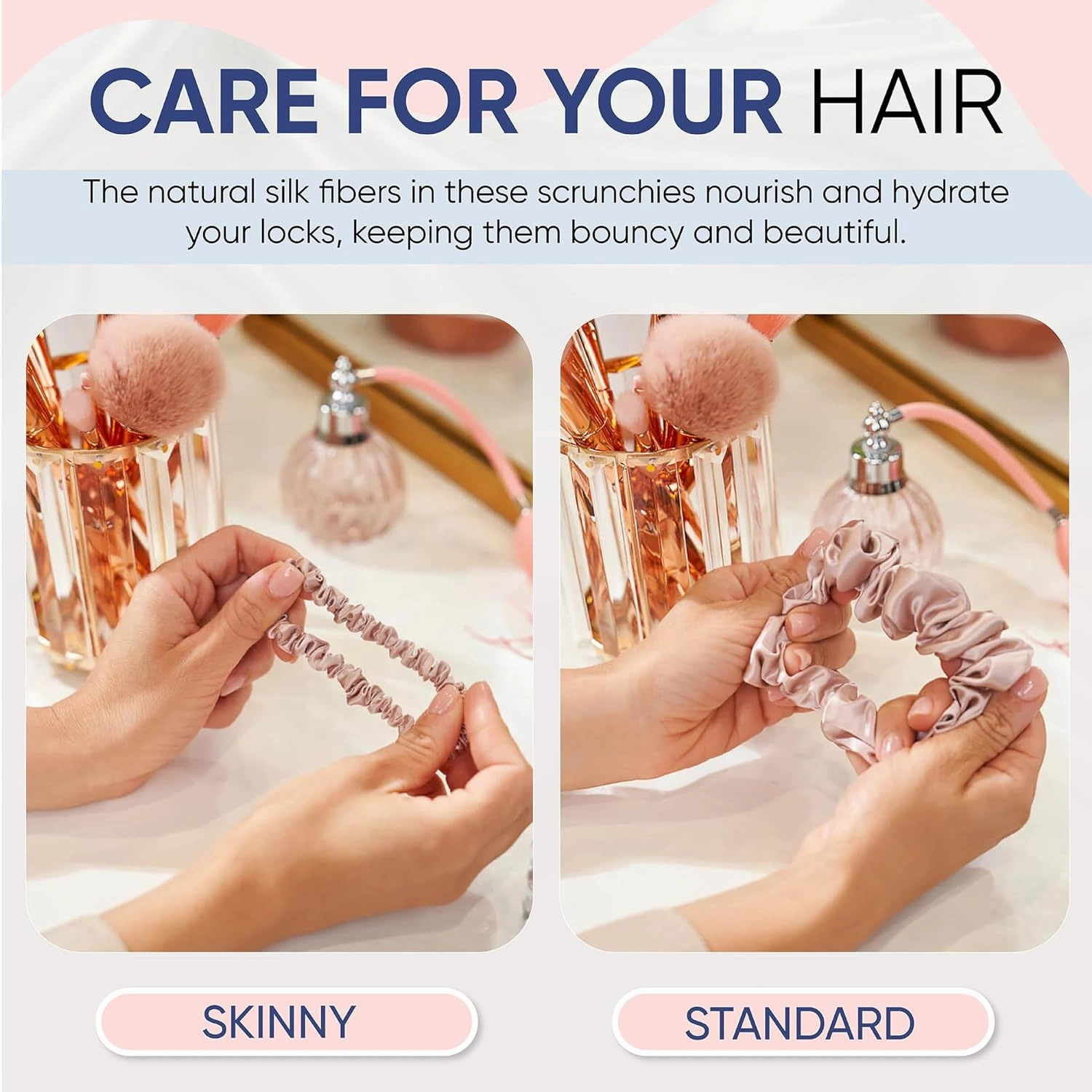 Blissy Silk Scrunchies (3 Pack) - 100% Pure Mulberry Silk - 22 Momme 6A High-Grade Fibers - Silk Scrunchie for Straight & Curly Hair - Preventing Breakage, Tangling, & Creasing (Pink Skinny)