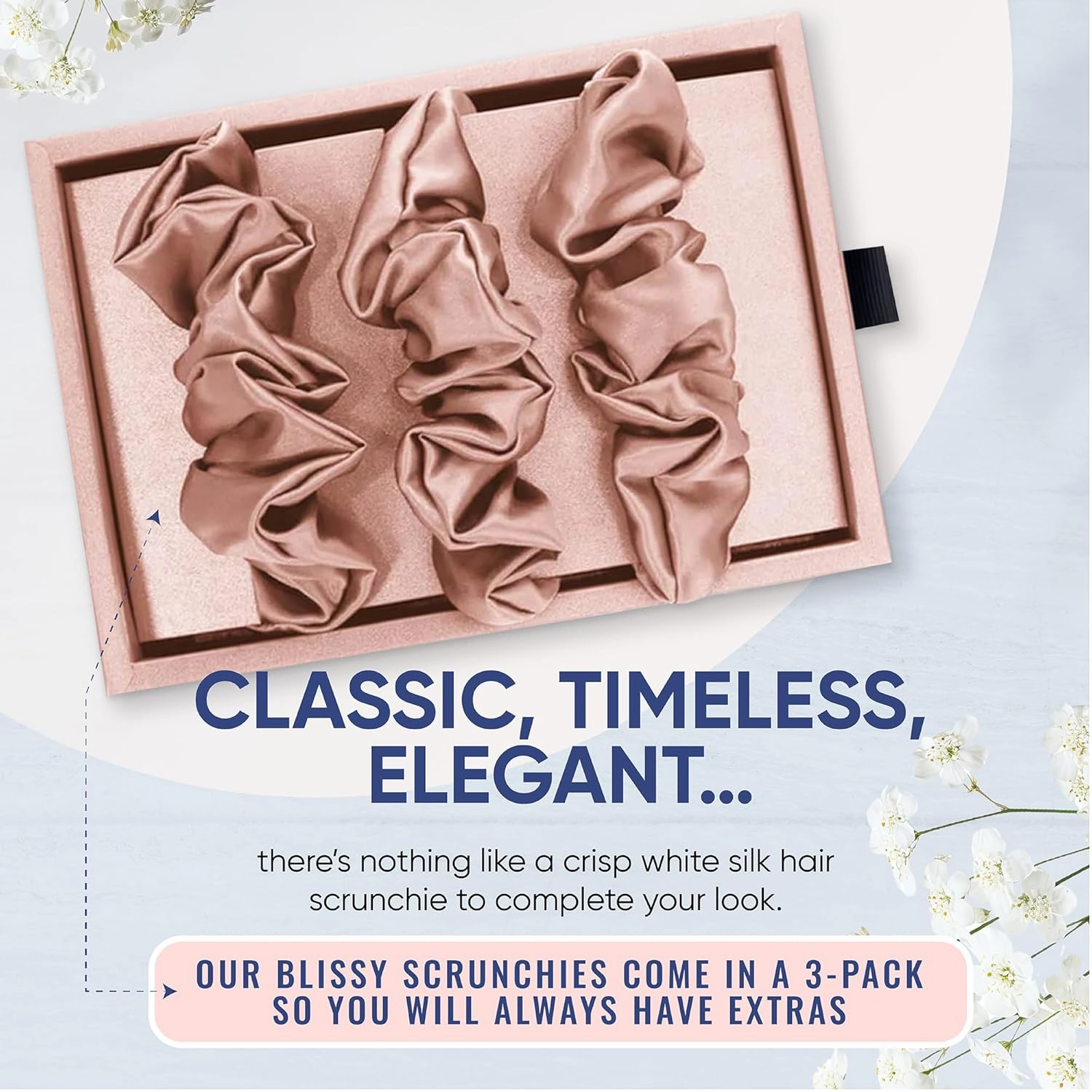 Blissy Silk Scrunchies (3 Pack) - 100% Pure Mulberry Silk - 22 Momme 6A High-Grade Fibers - Silk Scrunchie for Straight & Curly Hair - Preventing Breakage, Tangling, & Creasing (Pink Skinny)
