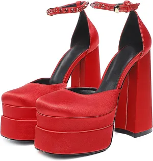 Block Heels for Women Square Toe Ankle Strap Buckle Rhinestones Wedge Silk Satin High Platform Heels Dress Pumps Shoes