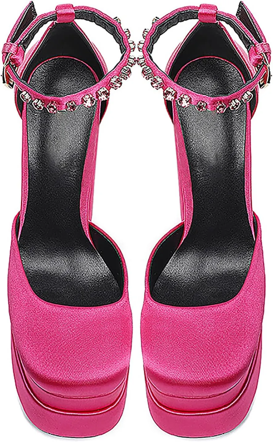 Block Heels for Women Square Toe Ankle Strap Buckle Rhinestones Wedge Silk Satin High Platform Heels Dress Pumps Shoes