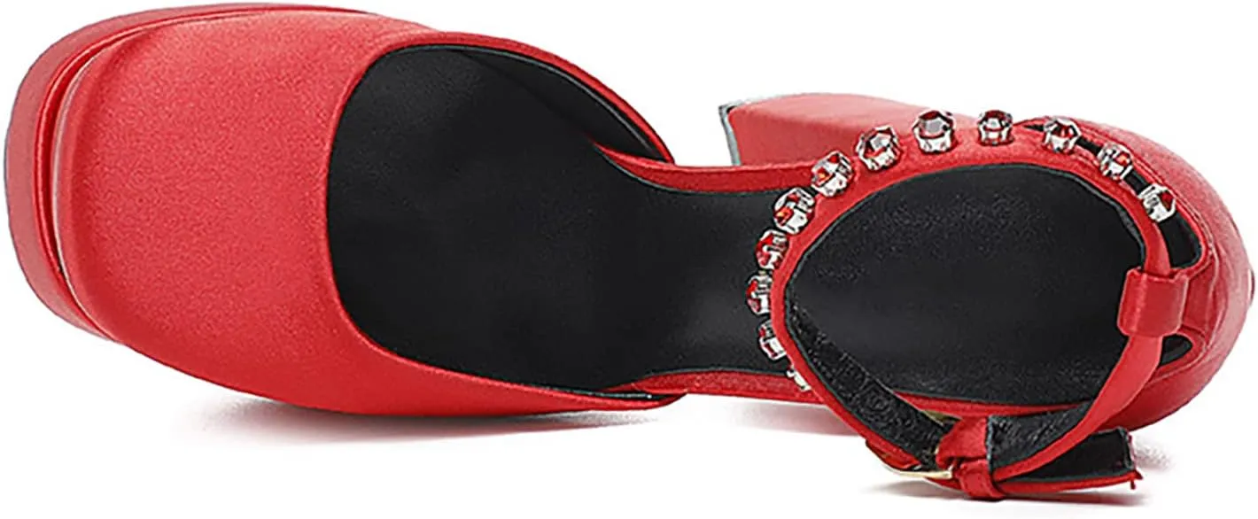 Block Heels for Women Square Toe Ankle Strap Buckle Rhinestones Wedge Silk Satin High Platform Heels Dress Pumps Shoes