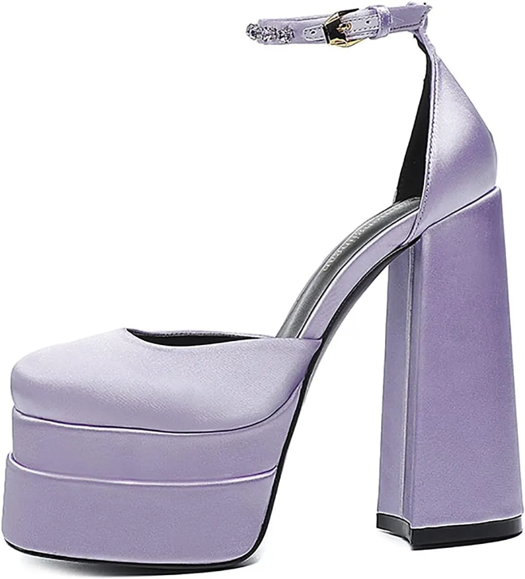 Block Heels for Women Square Toe Ankle Strap Buckle Rhinestones Wedge Silk Satin High Platform Heels Dress Pumps Shoes