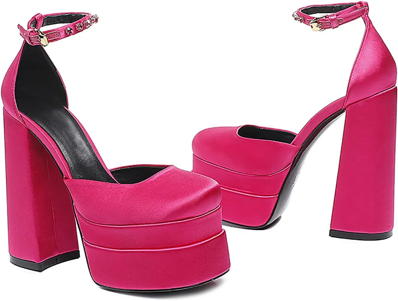 Block Heels for Women Square Toe Ankle Strap Buckle Rhinestones Wedge Silk Satin High Platform Heels Dress Pumps Shoes