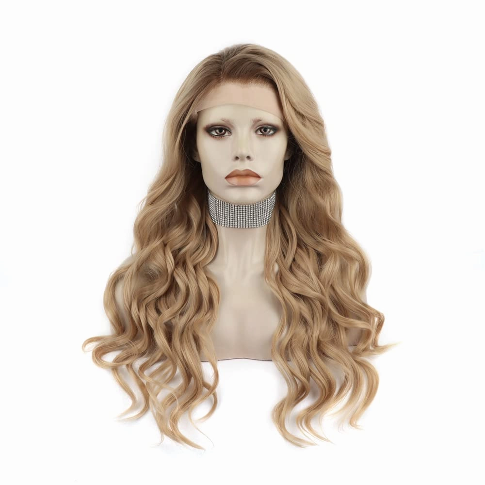 Blonde Lace Front Wig Dark Rooted Wave Synthetic Wigs for Women Cosplay Party Drag Queen