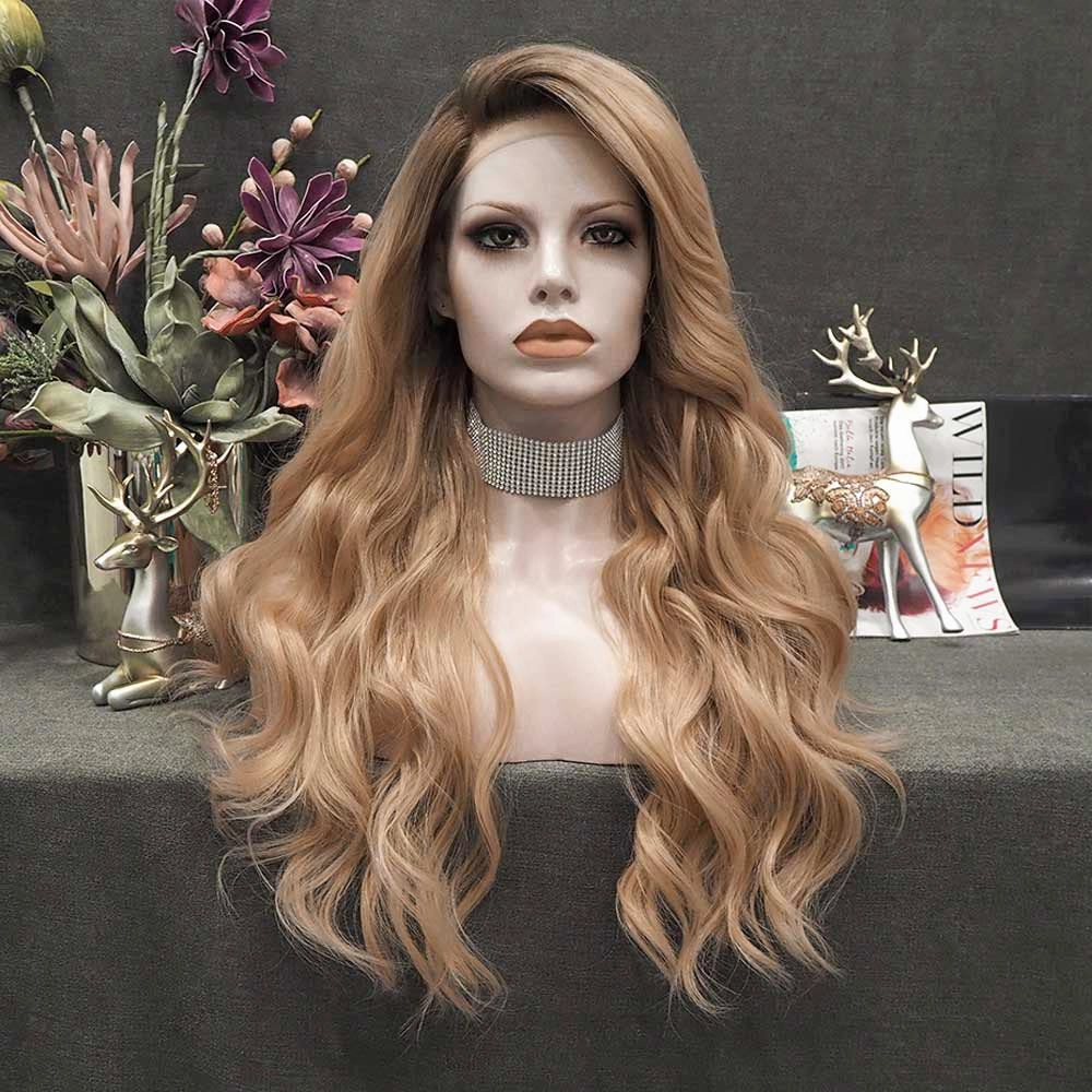 Blonde Lace Front Wig Dark Rooted Wave Synthetic Wigs for Women Cosplay Party Drag Queen