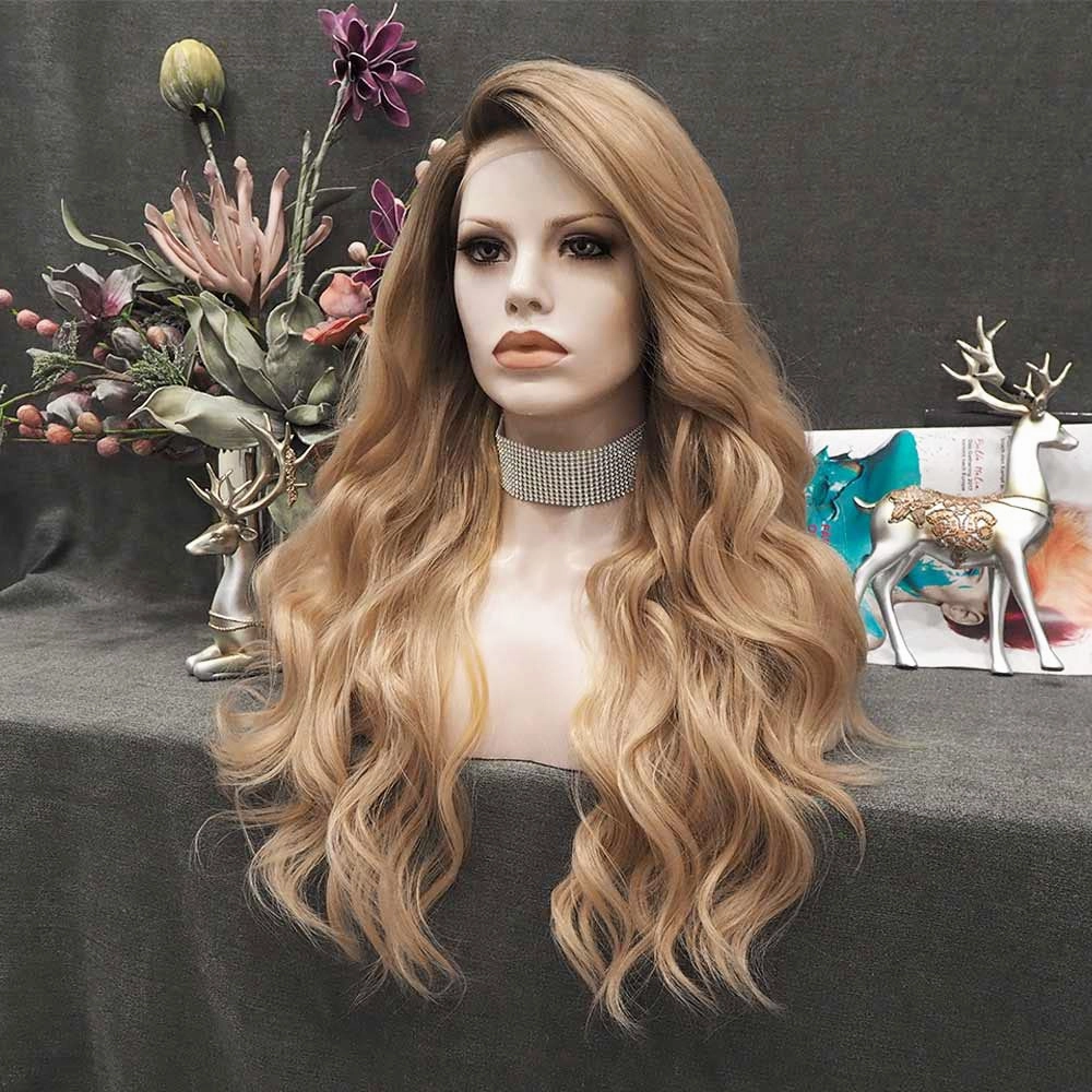 Blonde Lace Front Wig Dark Rooted Wave Synthetic Wigs for Women Cosplay Party Drag Queen