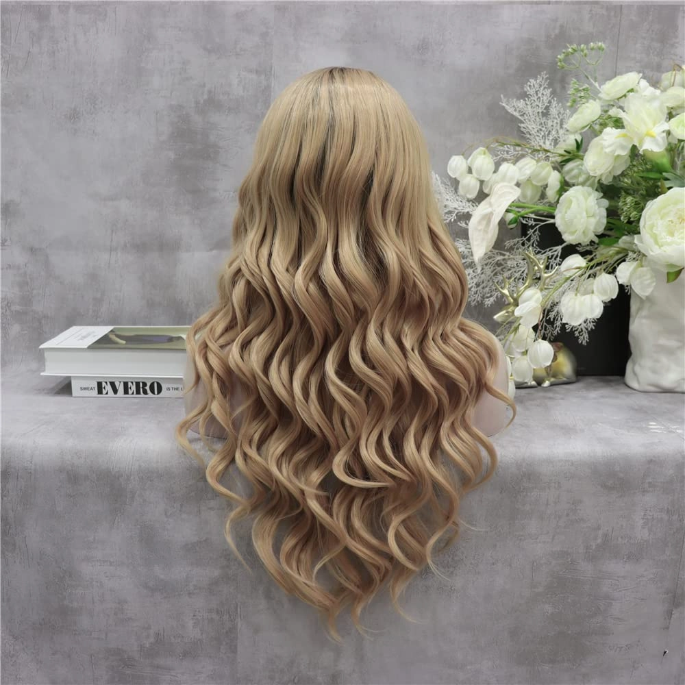 Blonde Lace Front Wig Dark Rooted Wave Synthetic Wigs for Women Cosplay Party Drag Queen