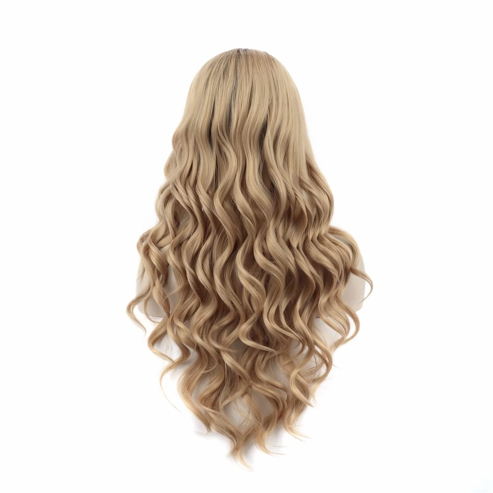 Blonde Lace Front Wig Dark Rooted Wave Synthetic Wigs for Women Cosplay Party Drag Queen