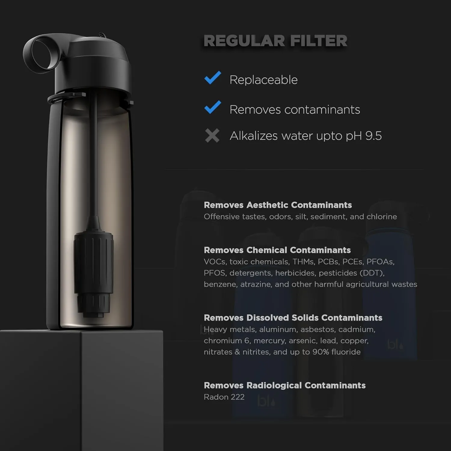 BLU All-in-ONE | Vacuum Insulated Stainless Steel Water Bottle Flask with a Filter (26oz) | Made in The USA | Removes 99.99% contaminants (Regular - Blue)