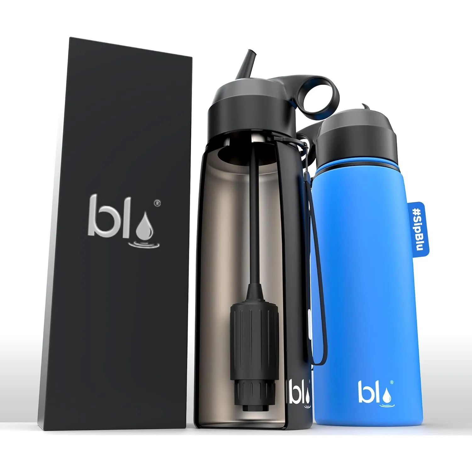BLU All-in-ONE | Vacuum Insulated Stainless Steel Water Bottle Flask with a Filter (26oz) | Made in The USA | Removes 99.99% contaminants (Regular - Blue)
