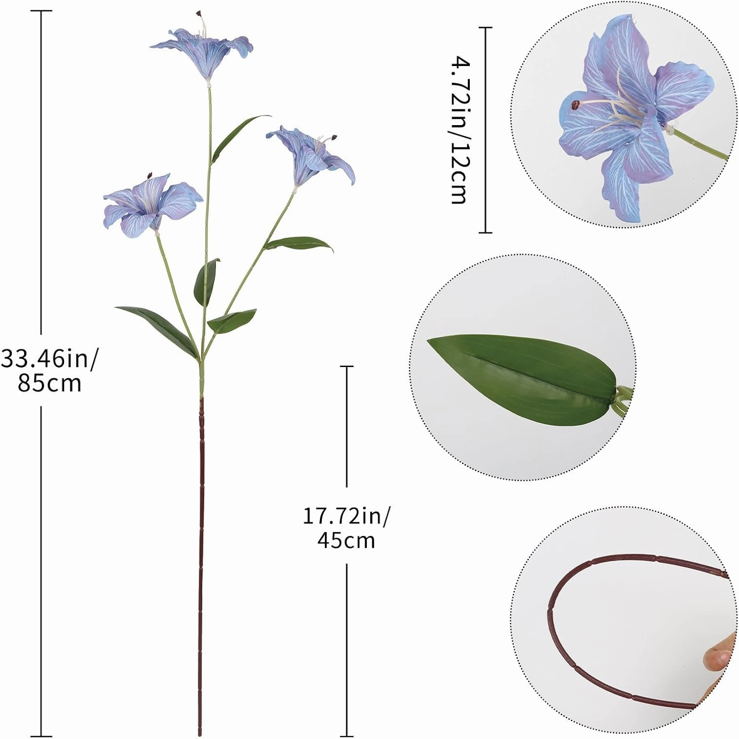 Blue Artificial Lilies Long Stem 5 Pcs 33.85” Realistic Lilies Flower Home Decor 3 Heads Blooming Lily for Room Home Bath Outdoor Garden Party Aisle Arrangement(Blue)