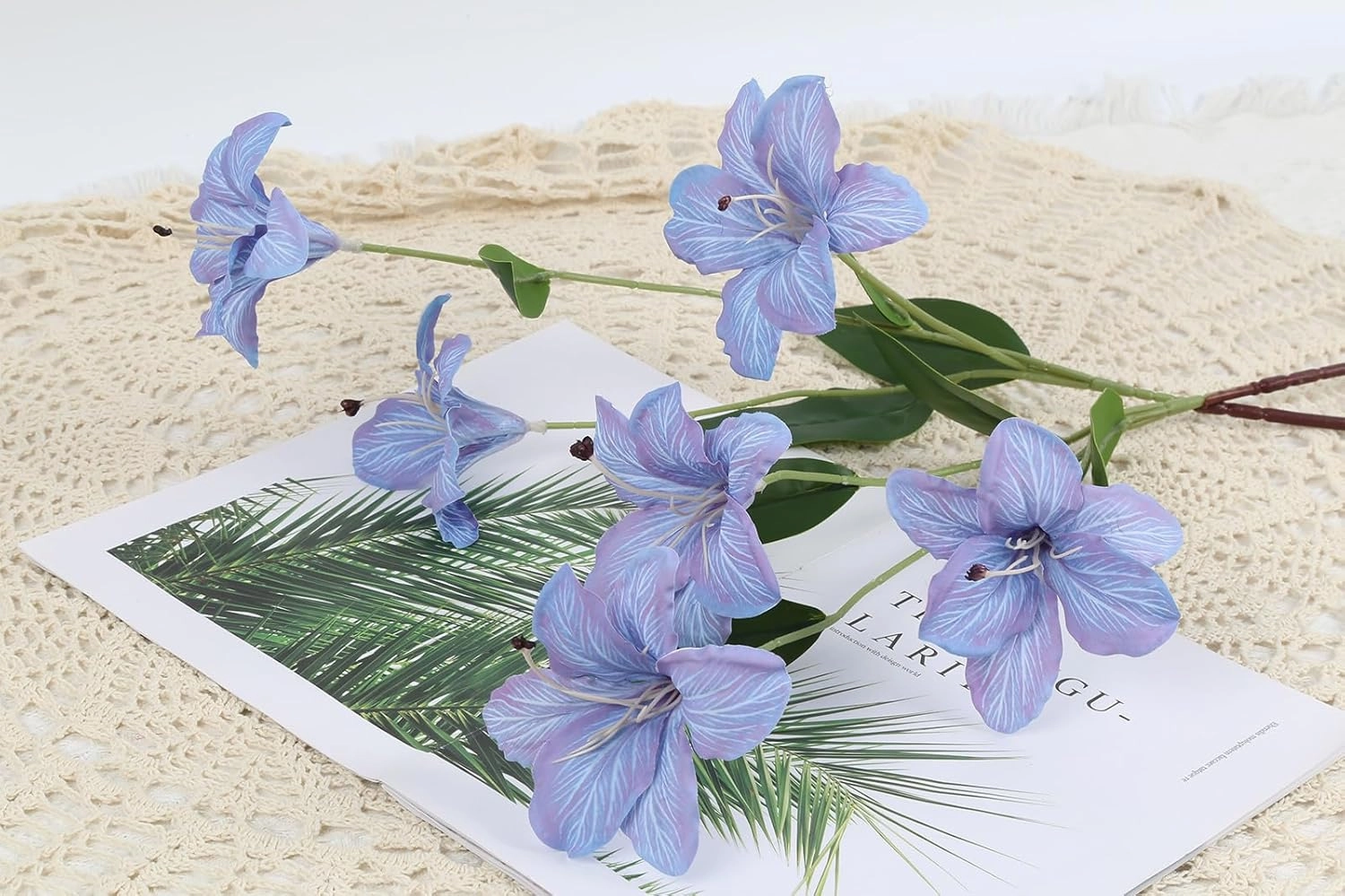 Blue Artificial Lilies Long Stem 5 Pcs 33.85” Realistic Lilies Flower Home Decor 3 Heads Blooming Lily for Room Home Bath Outdoor Garden Party Aisle Arrangement(Blue)